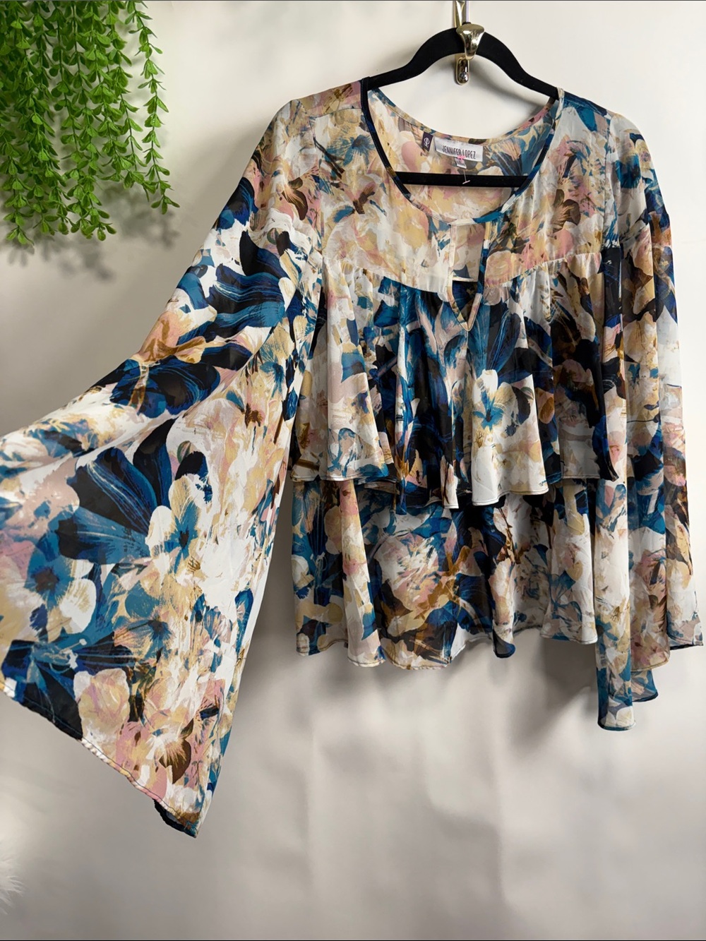 Jennifer Lopez Floral Tiered Ruffle Blouse - Blue Multi
